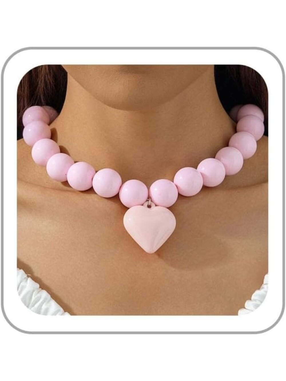 Women's Light Pink Chunky Beaded Heart Pendant Necklace Trendy Y2k Choker Gift